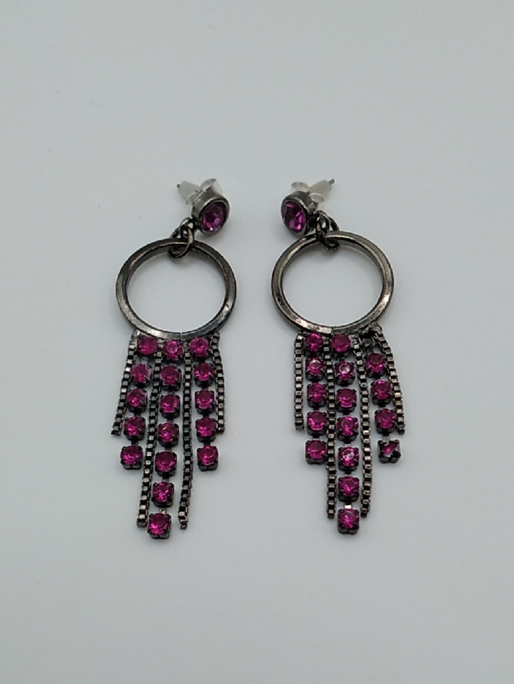 Fuchsia Pink Rhinestone Tassel Hoop Drop Earrings (S1)